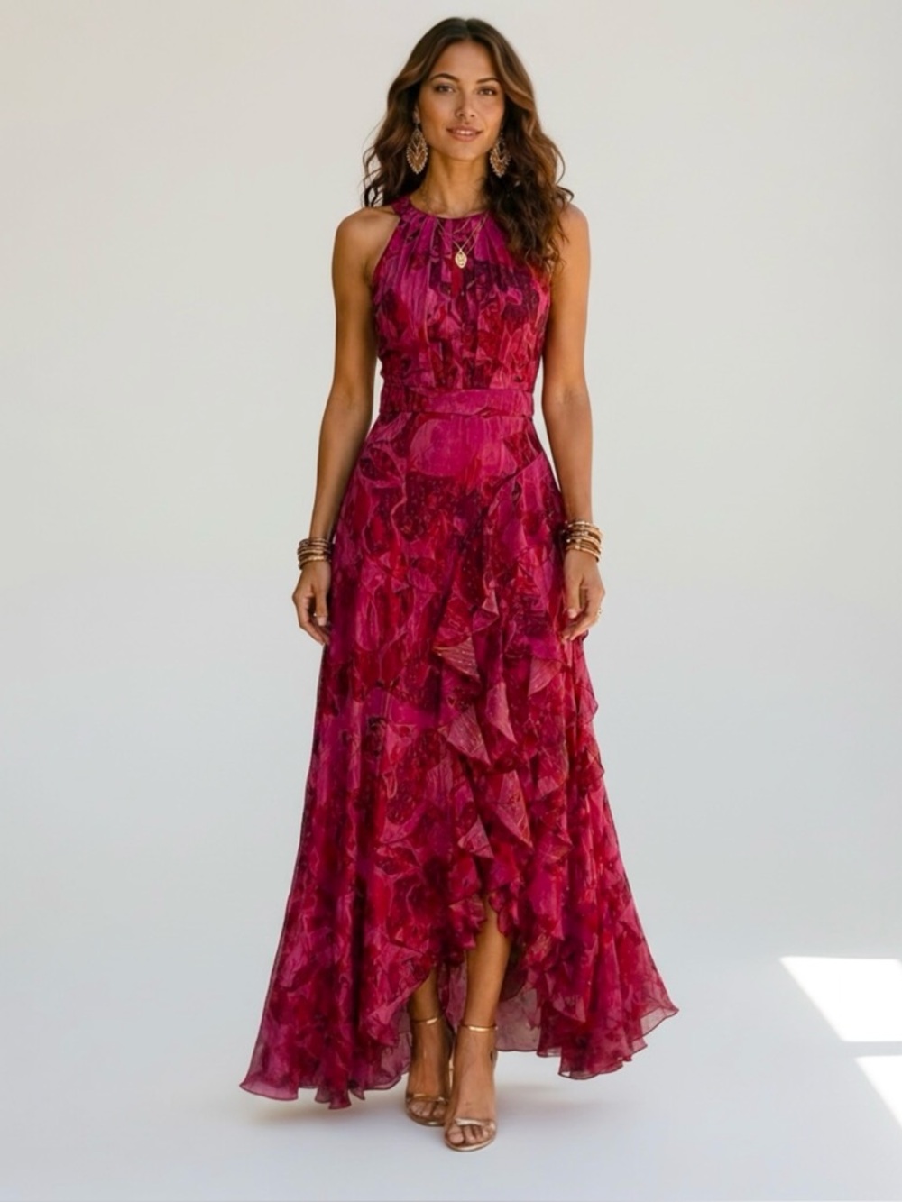 NWT $259 Betsy & Adam Women's Printed Ruffled Halter Maxi Dress Sz 2